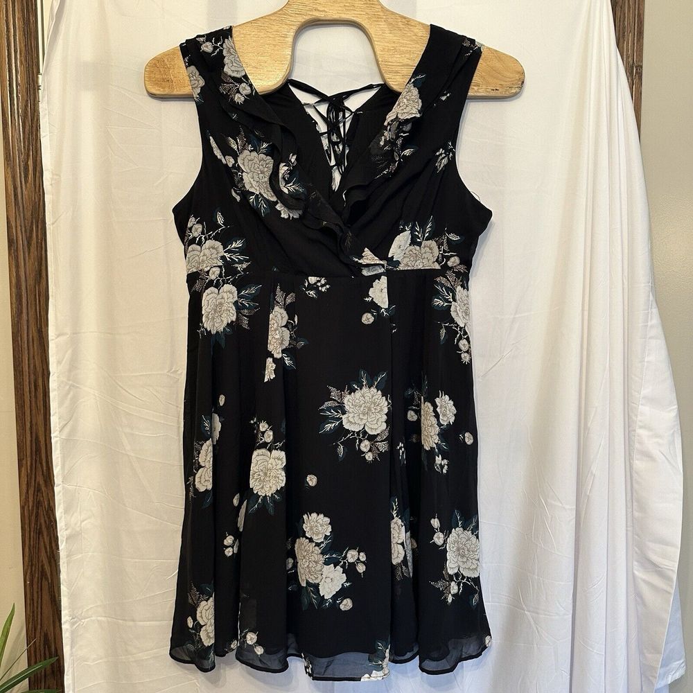 Torrid Size 20 Mini‎ Black Floral Chiffon Skater Mini Dress Gold FOIL